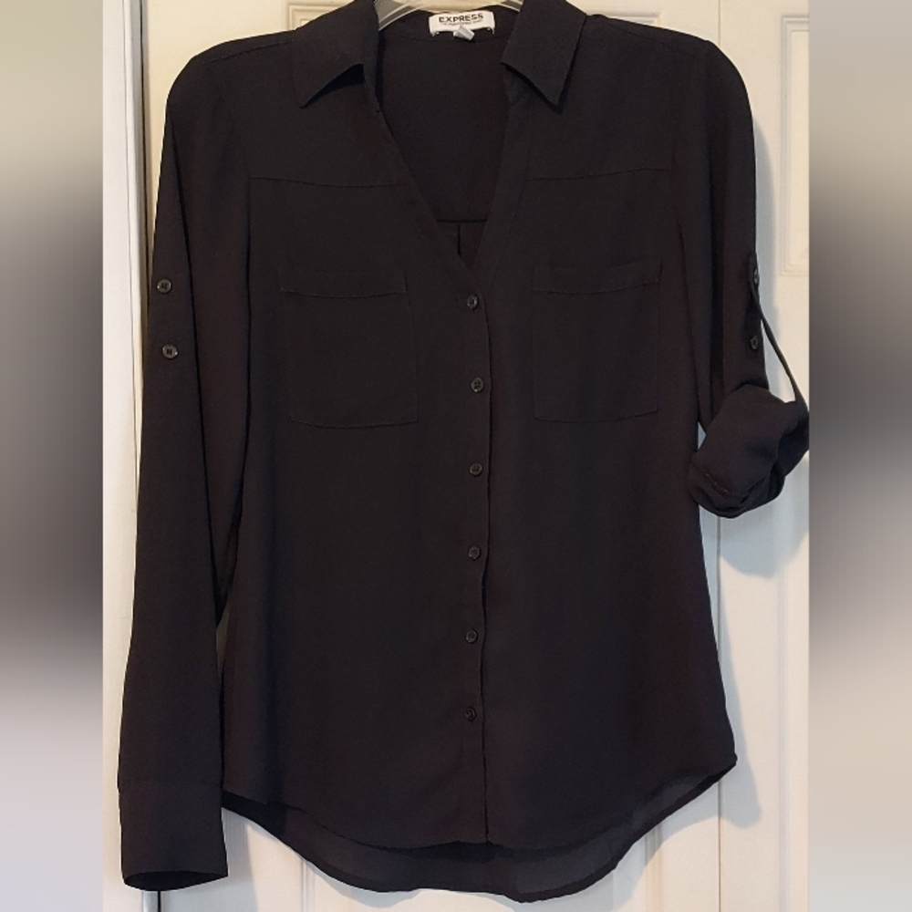 Express Portofino Shirt Womens XS Black Solid Long Roll Tab Sleeves Sheer Button